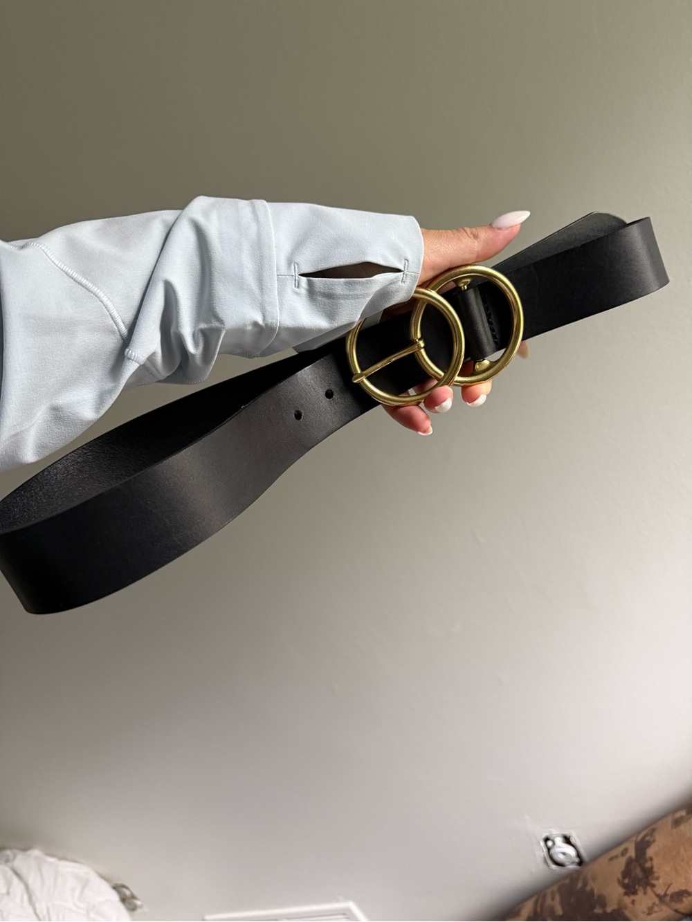 Black Leather Belt with Double Gold Circle Buckles - size M/L